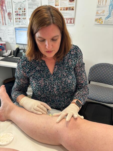 Doctor Barbra Ward treating a spider vein with an injection at Geelong Veins Skin & Laser